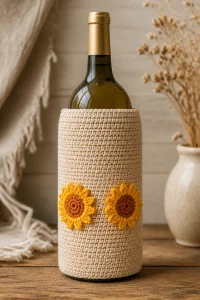Crochet Strawflower Hostess Gift Bottle Sleeve showcasing beautiful floral patterns.