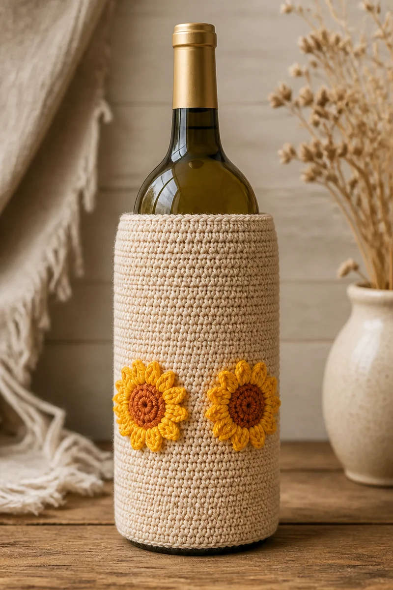 Crochet Strawflower Hostess Gift Bottle Sleeve showcasing beautiful floral patterns.