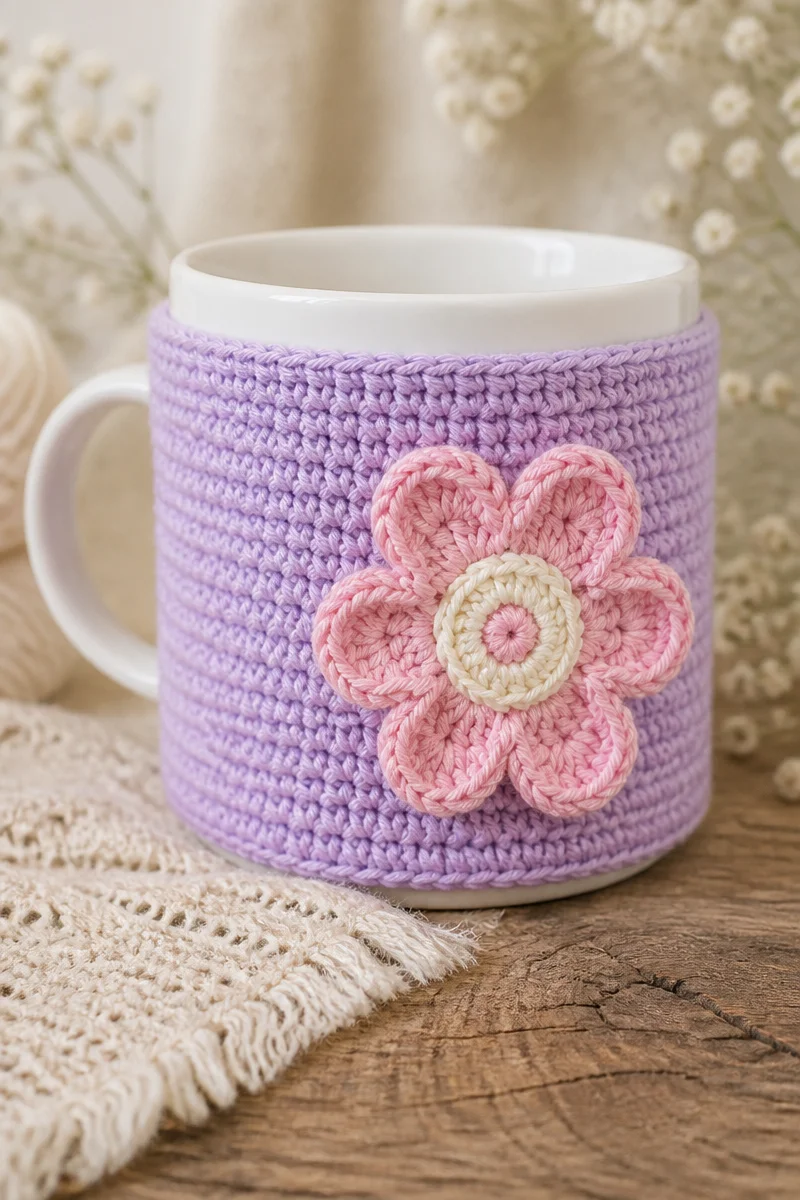 Crochet Sweet Pea Flower Mug Cozy in vibrant colors for stylish drink protection