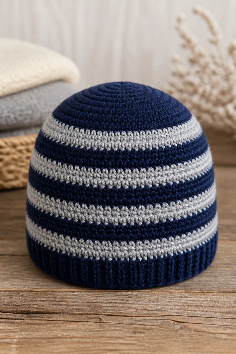 Crochet Winter Night Stripe Baby Beanie for infants, cozy and stylish winter accessory.