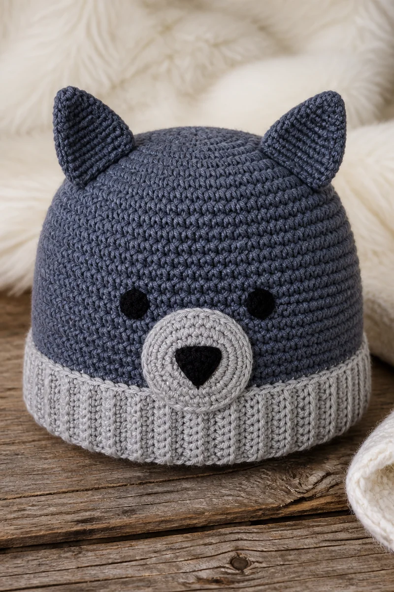 Crochet Wolf Cub Baby Hat Beanie for infants and children