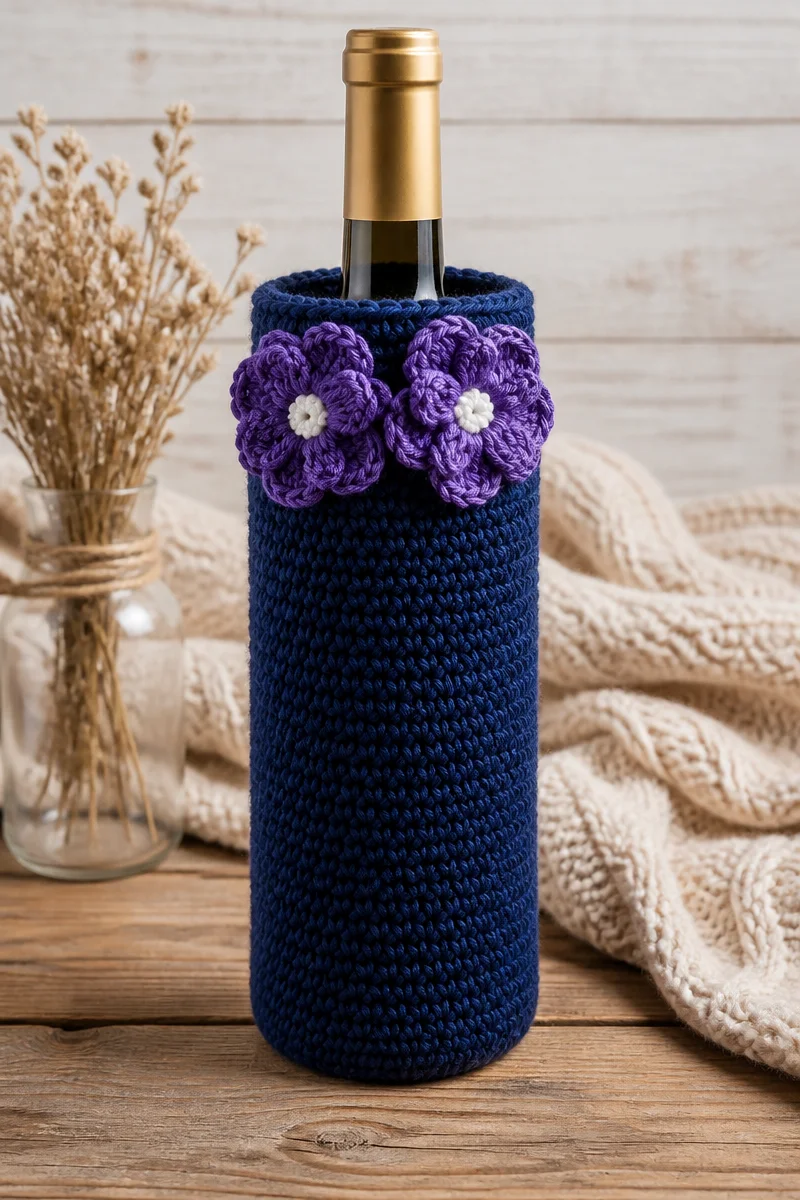 Crochet Wolfsbane Flower Wine Bottle Cozy showcasing a floral design.