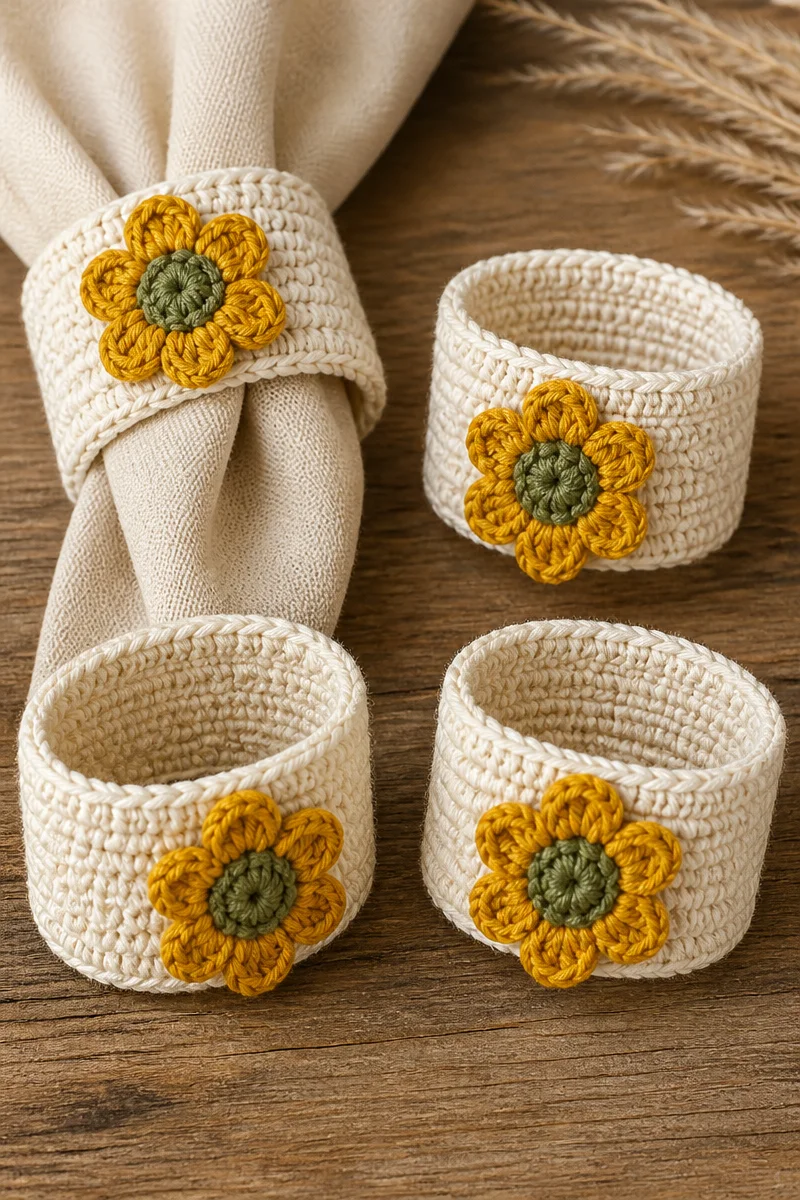 Crochet Yarrow Flower Thanksgiving Napkin Ring for festive table decor.